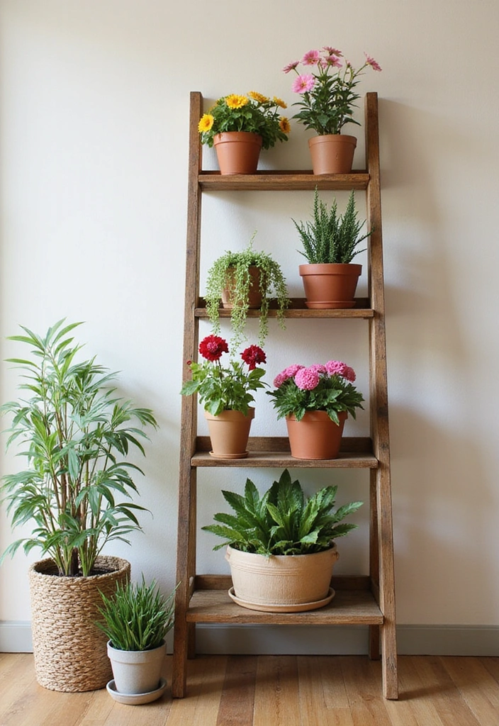 25 Clever Flower Stands for Small Spaces (You’ll Wish You Knew #4 Sooner!) - 2. Ladder-Style Flower Stands
