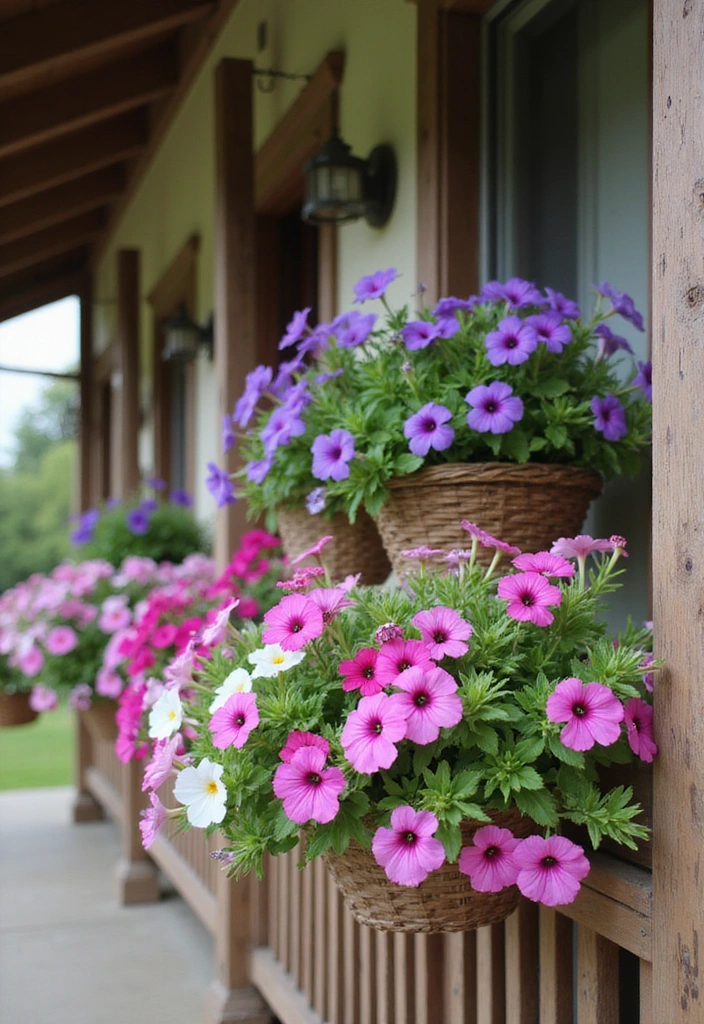 22 Seasonal Flower Garden Ideas That Ensure Year-Round Beauty in Your Yard! - 6. Colorful Cascades: Hanging Baskets of Petunias