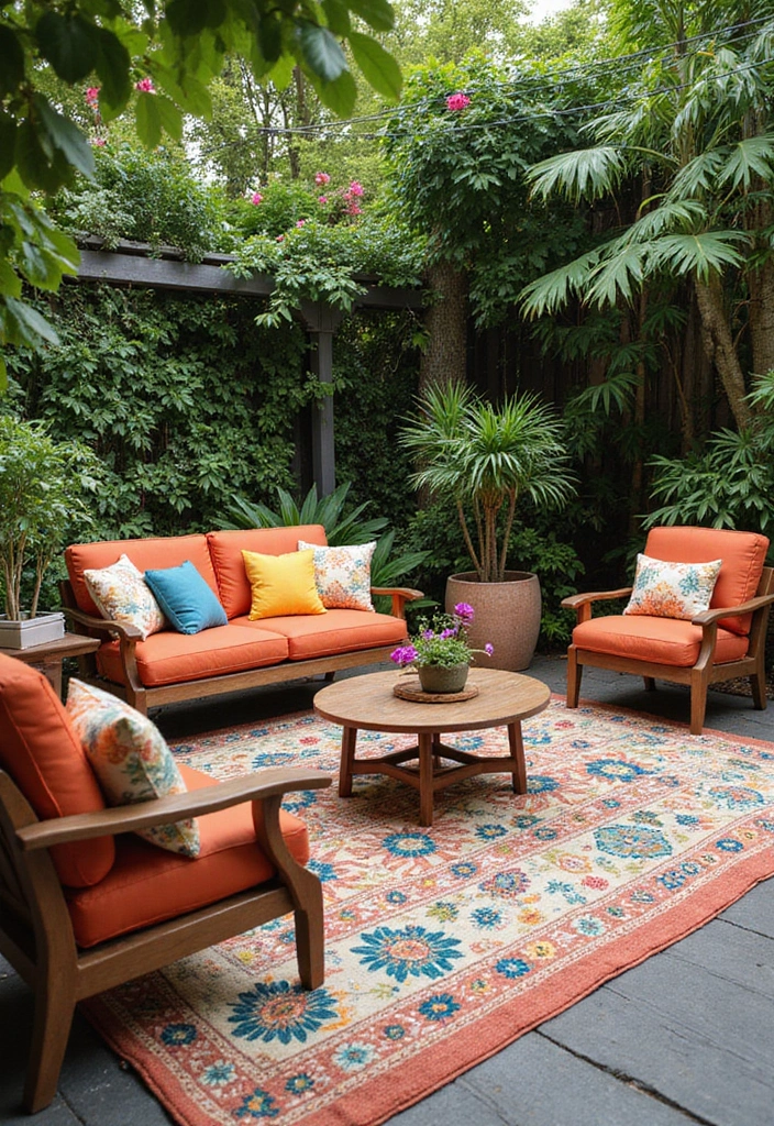 25 Eye-Catching Tropical Garden Decor Ideas That Will Wow Your Guests! - 2. Colorful Outdoor Rugs