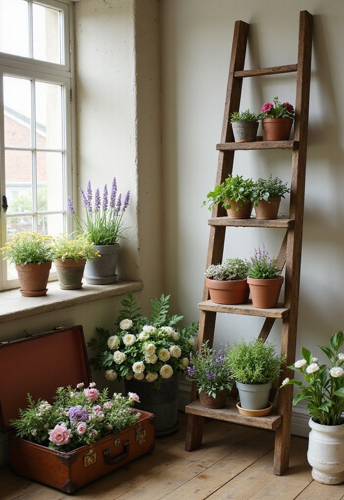 25 Clever Flower Stands for Small Spaces (You’ll Wish You Knew #4 Sooner!) - 9. Repurposed Items as Flower Stands