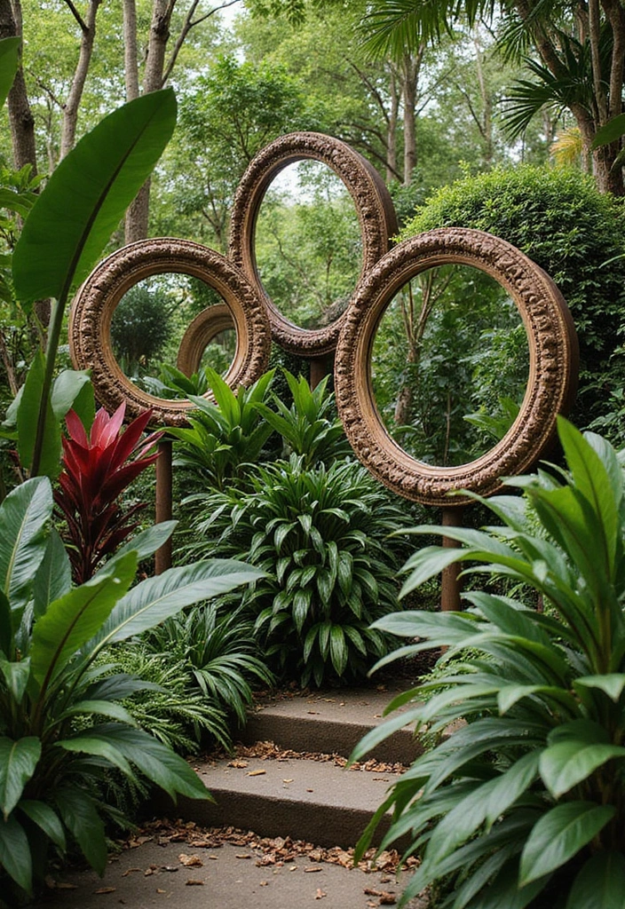 25 Eye-Catching Tropical Garden Decor Ideas That Will Wow Your Guests! - 12. Decorative Garden Mirrors