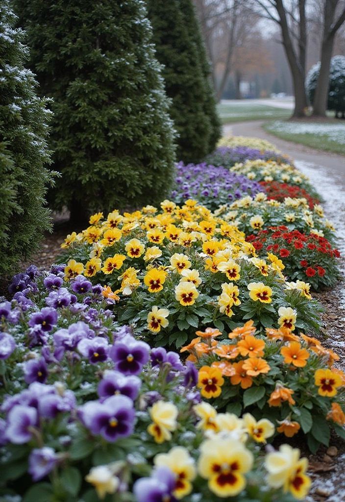 22 Seasonal Flower Garden Ideas That Ensure Year-Round Beauty in Your Yard! - 4. Winter Wonderland: Pansies and Evergreens
