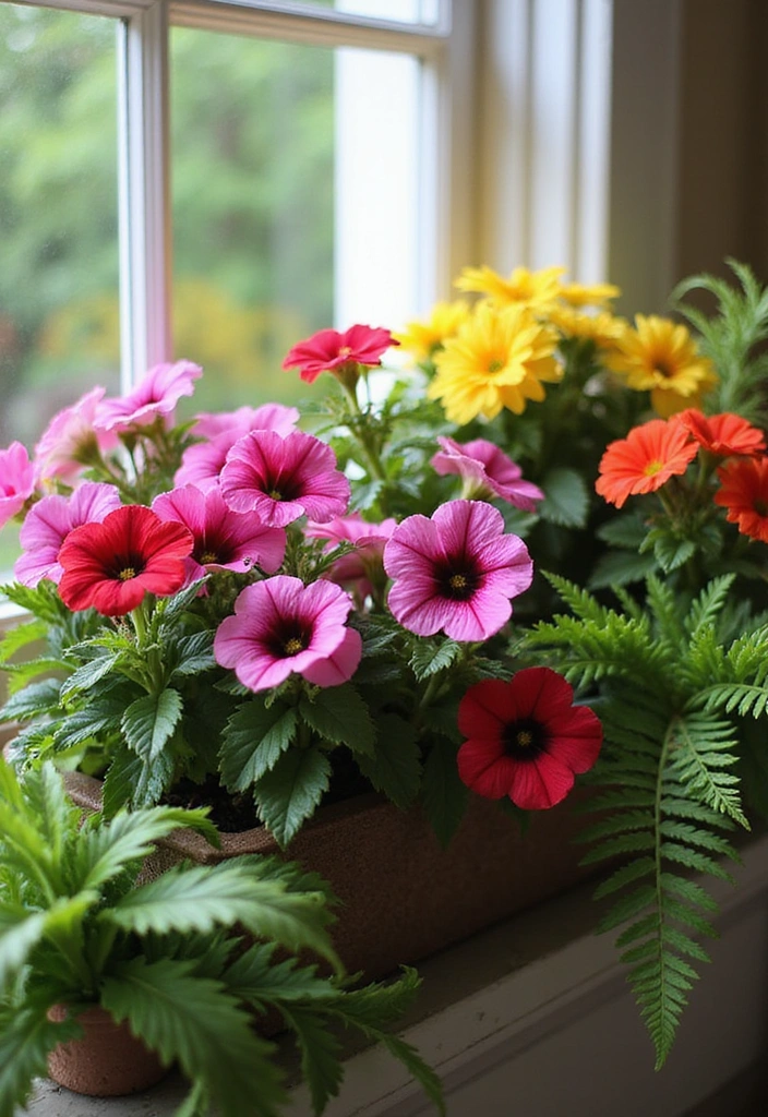 21 Seasonal Flower Boxes for Windows That Will Keep Your Home Blooming Year-Round! - 16. Dynamic Duo: Flowers and Foliage